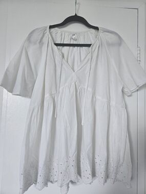 White Eyelet Tie-Front Peasant Tunic - Women